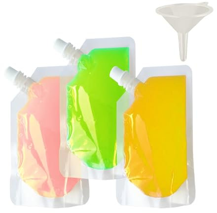 lisetar 20 Packs Clear Drink Pouches 250ml with Caps and Funnel for Festivals,Leak Proof Alcohol Juice Liquid Pouches, Beverage Bags, Plastic Hip Flask for Parties, Picnic, Travel, Sports (20, 250ML)