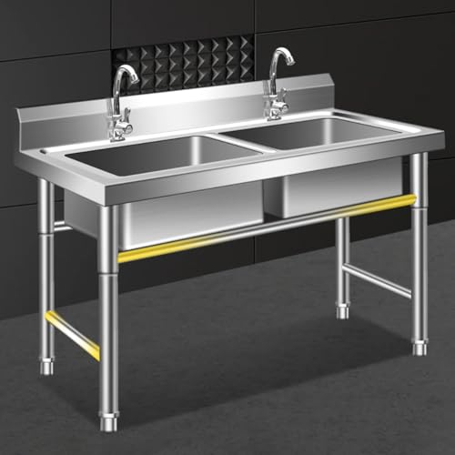 TT-YEC Freistehendes Doppelwaschbecken, Gewerbliches Küchenspülbecken Aus Edelstahl 304, Gewerbliches/Industrielles Spülbecken Mit Aufkantung Und Zwei Wasserhähnen, Spüle Im Landhausstil,100 * 50cm