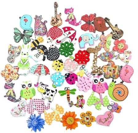 50 Stück Holzknöpfe Tiere zum Selberaufnähen - Handwerk Basteln Nähen - Puppenknöpfe Mit 2 Löchern, Bunt Kleine Knöpfe für Kinder und DIY Deko