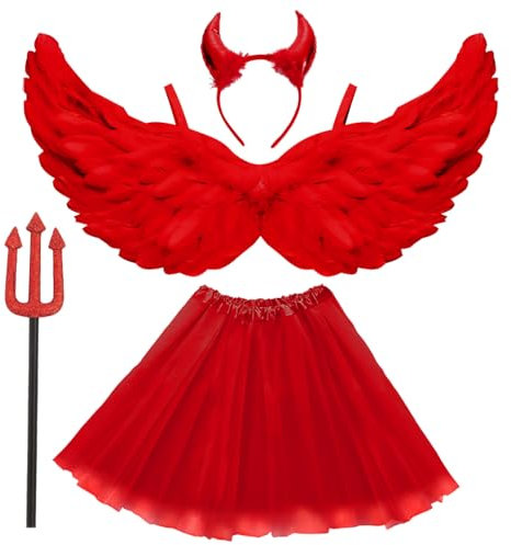 WILDPARTY Engel und Teufel Kostüm Damen Rot, Tutu-Rock, Teufel shörner und Dreizack, Teufelsflügel Deko, Engel Flügel, Feen Flügel Halloween Kostüme Karneval Party Cosplay Erwachsenes