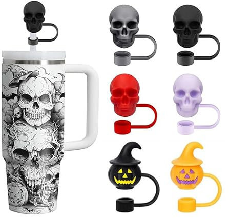 Bzzerumy 6 Pack Schädel Strohhalm Abdeckung Kappe für Stanley Cups 30oz 40oz Becher, Fit 10mm Stroh Staubschutz wiederverwendbare Stanley Strohhalm Topper Trinken Stroh Abdeckung Halloween Dekoration