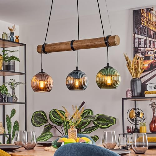 HOFSTEIN Pendelleuchte Koyoto, 3-flammige Hängelampe aus Metall/Holz/Riffelglas in Schwarz/Natur/Kupfer/Blau/Grün, Hängeleuchte Boho mit Glasschirmen, Holzbalken, E27, Esszimmer, Wohnzimmer, Küche