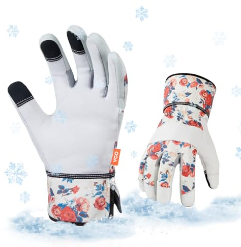 Vgo... 5℃/41°F Winter Work Goat Leather Gloves, Cold Weather Gardening Gloves 1Pair GA3561FL-ML(White,S)