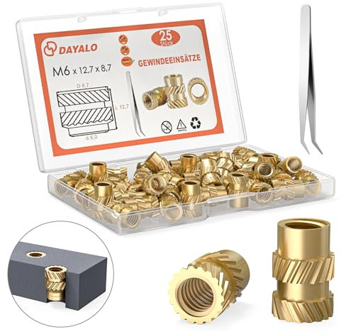 Dayalo M6 Gewindeeinsatz, 25 Stück M6x12,7x8,7 Einpressmuttern für 3D Druck Zubehör, Messing Gewindebuchsen, Durch Wärme in 3D-Druck-Teile aus Kunststoff Einsetzbar