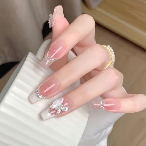 French Tip False Nails - 30Pcs French False Nails Press On Nails Square - Nail Tip with Butterfly Diamond Line - Stick on Nails Long Medium with Glue for Women Girls Nail Art