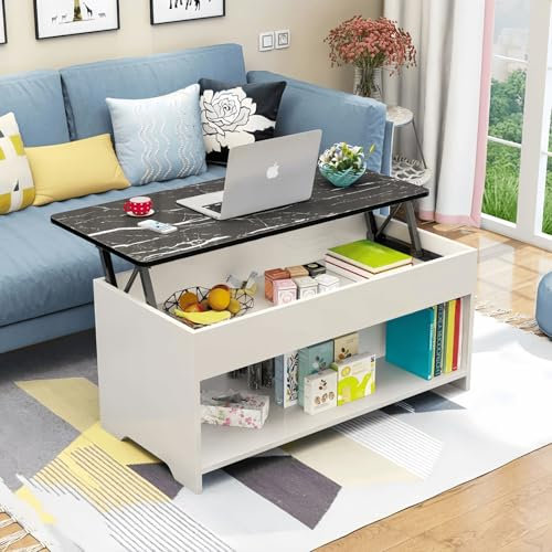 pykaaiiu Couchtisch mit Hebeplatte, Beistelltisch höhenverstellbar, Kaffeetisch Wohnzimmertisch Sofatisch ausziehbar, Lift-Top-Tisch weiß, mit versteckem Stauraum, aus Holzwerkstoff(Weiß schwarz)