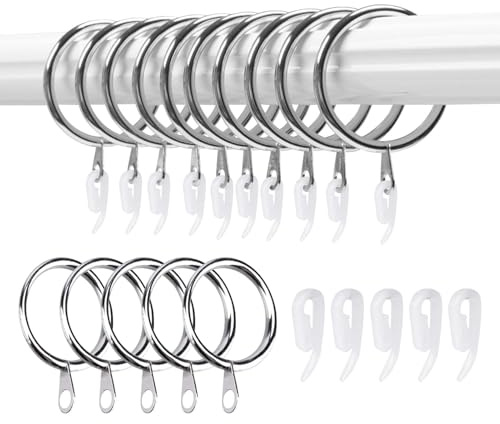 25 Set Curtain Rings and Hooks, 30mm Metal Drapery Curtain Ring Hanging Rings & 25pcs Curtains Hooks Plastic White for Curtains and Rods, Drape Sliding Eyelet Ring