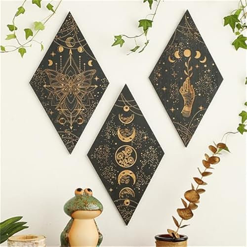 Freefire Mondphasen Wanddeko Mandala Holz Boho Wand Deko Wanddekoration Kunstdekoration Wandbehang für Schlafzimmer Esszimmer Wohnzimmer Büro Küche Korridor (A+B+C)