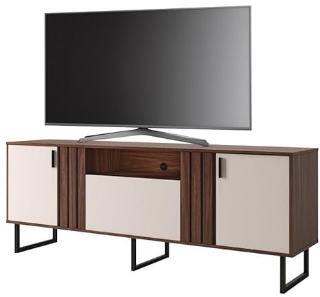 ACTUAL DIFFUSION Meuble TV Bar 70 Pouces Noyer et Blanc 3 Portes 4 Niches Pieds Métal L 180 H 64 P 40.3 cm