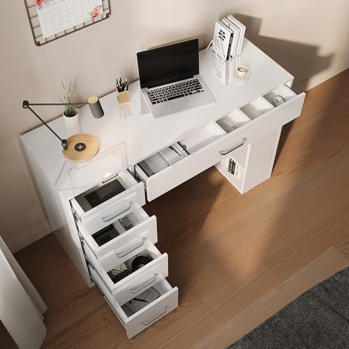 SONNI Groß Schreibtisch, 5 Schubladen mit Unterteilungen, 120x40x77cm, Weiß | Computertisch mit 3 Offene Fächer, Bürotisch, Arbeitstisch, Schreibtisch mit Stauraum, Moderner Tisch für Schlafzimmer