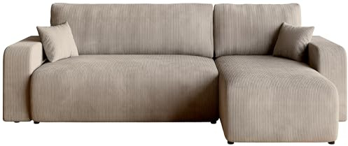BROMARKT Sofa mit Schlaffunktion Couch L Cordstoff Sofa Bettkasten Schlafsofa für Wohnzimmer freistehend PUMI L Relaxsofa 3 sitzer 244x148x82 cm Beige