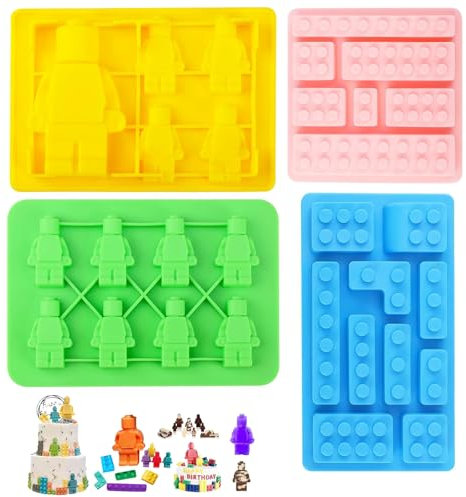 4pcs Lego Cake Topper, Chocolate Mould Jelly Moulds for Children, Lego Cake Decorations, Sweet Moulds for Baking, Party, and Everyday Use, Silicone Material in Yellow, Green, Blue, Pink