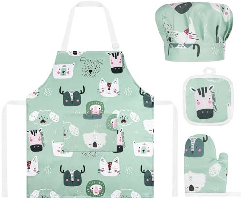 ABOHU Kids Apron and Chef Hat Set, Children Apron Adjustable with Pocket, Including Oven Gloves and Heat Protection Pad, Cute Cartoon Style Kitchen Apron for Toddler, for Cooking, Baking, Painting