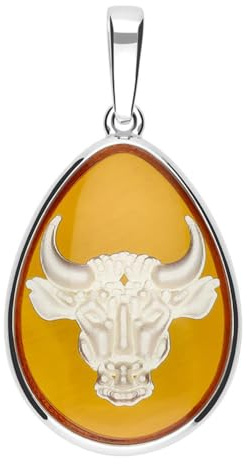 Cavill Baltischer Bernstein Anhänger Stier Tropfenform 3,25ct in 925er Sterling Silber, warmes Orange, handgefertigter moderner Schmuck, 36x18mm, edles Design für Damen und Herren