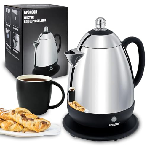 APOXCON Electric Coffee Percolator – 10-Cup Stainless Steel Coffee Maker with Clear Brew Progress Knob, Cordless Serving Design