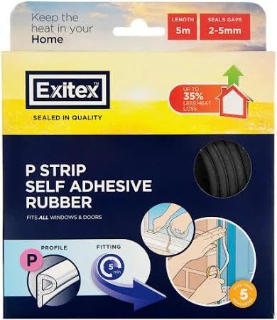 Exitex P Strip 5m Self-Adhesive EPDM Door & Window Draught Seal (Black) | For 2–5mm gaps around doors and windows; black P-profile EPDM rubber with strong self-adhesive backing. Trims to fit.
