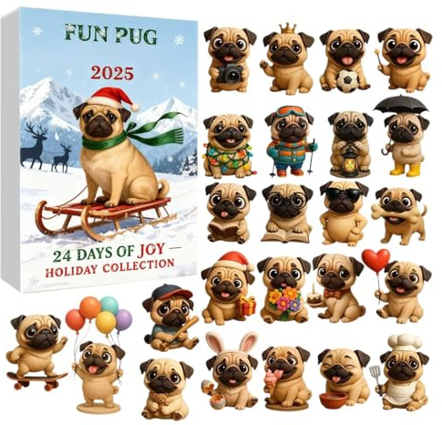 Countdown-Kalender für Weihnachtsschmuck, 2D, flach, wiederverwendbar, Andenken, Mops, Hund, Ornamente, Advents-Countdown-Kalender, für Baum, Fenster, Wand, Tür, Kaminsims, Erwachsene, Teenager