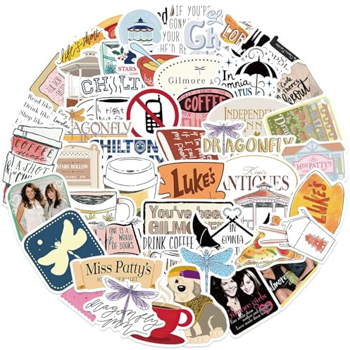 52Pcs Gilmore Girls Stickers Pack, Waterproof Vinyl Stickers, Aesthetic Decals Laptop Sticker, Color Doodle Sticker for Scrapbooking, Journals and Water Bottles
