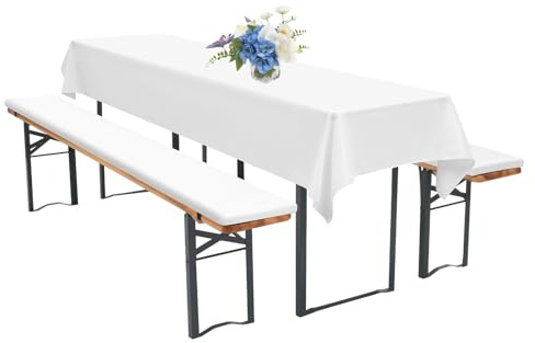 FXKS Bierzeltgarnitur Komfort Set mit Bierbankauflagen Weiße | 2 Bierbankauflagen (220×25×3 cm) + 1 Biertischdecke 250×100 cm, Wasserabweisend Für Oktoberfest,Gartenparty Catering