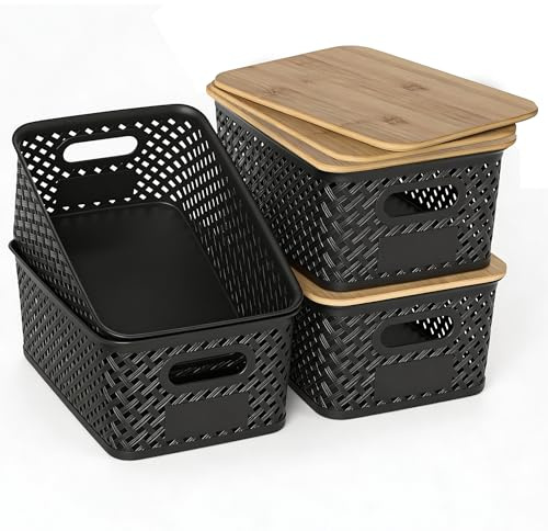 HapiLeap Plastic Storage Baskets With Bamboo Lid, Stackable Plastic Storage Boxes for Organizing Pantry Shelves Drawers Desktop Closet Playroom Classroom Office, 6 Pack (4-Pack Black)