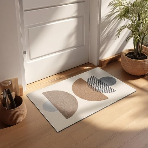 Rutschfeste Sauberlaufmatte innen - Beige Kreise 66 x 110 cm (Rechteckig) | Miabella Türmatte rutschfester Läufer Wohnraum Fußmatte extrem saugfähiger Küchenläufer waschbar bei 30°C Schmutzfangmatte
