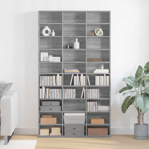 Mangloder CD-hylla grå Sonoma av trämaterial 102 x 23 x 177,5 cm, platsbesparande för vardagsrum, hemmabio, spel, lagringsutrymme för TV-bräda och mediaskåp