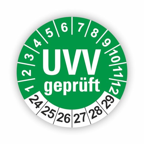 Fassbender-Druck PRÜFPLAKETTEN - Hochwertige Prüfetiketten UVV PRÜFUNG Ø 30mm - Selbstklebende PVC-Folie - Wartungsetiketten für Prüfung - Prüfplakette für Prüfungsnachweis (30 Stück)