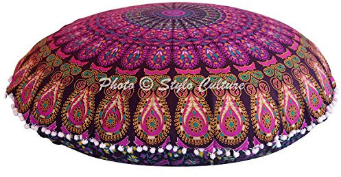 Stylo Culture Ethnisch Dekorativ Rund Bodenkissenbezug Boho 80x80 cm Groß Stuhlkissen Mandala Lila Bohemien Pom Pom Spitze Seat Lounge Baumwolle Pfauenfeder Rundkissen Garten