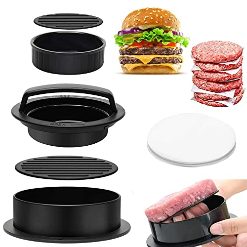 YOUYIKE® Burgerpresse Patty Maker,3 in 1 Handliche antihafte Form mit 100 Stück backpapier für perfekte Burger, Patties oder Frikadellen, Robustes spülmaschinenfeste Schwarz Hamburger Presse