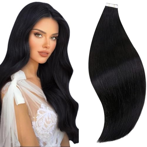RUNATURE Tape in Extensions Schwarz 45cm Tape Extensions Echthaar Schwarz Tape in Haarverlängerung 20 Stück 50g Tape in Extensions Schwarz 18 Zoll #1B Naturliches Schwarz