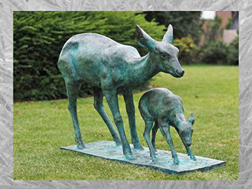 IDYL Bronze-Skulptur REH mit Rehkitz | 80x35x115 cm | Tierfigur aus Bronze handgefertigt | Gartenskulptur |Teich-Dekoration | Hochwertiges Kunsthandwerk | Wetterfest