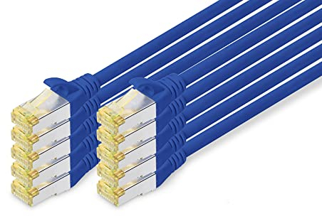 DIGITUS Cable LAN Cat 6A - 1 m - 10 unidades - Cable de red RJ45 - S/FTP blindado - Compatible con Cat-6 y 7 - Azul