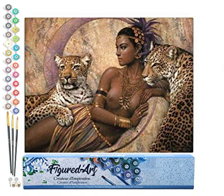 Figured'Art Malen Nach Zahlen Erwachsene Göttin und Leoparden - Paint by Numbers Basteln DIY Bastelset 40x50cm ohne Holzrahmen