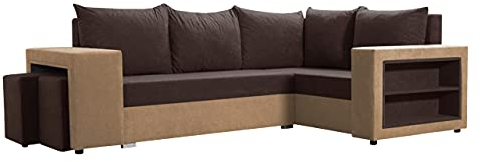 Ecksofa Onosi mit Bettkasten und Schlaffunktion, Eckcouch mit Bettfunktion für Wohnzimmer, 2 Polsterhocker, Regalfächer in der Armlehne, L-Form Sofa (Mikrofaza 0048 + Mikrofaza 0041, Seite: Rechts)