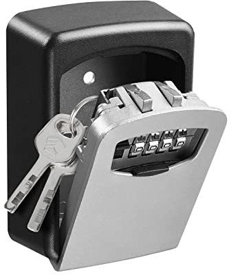 Supernic Wall Mounted 4-Digit Combination Key Lock Box - Outdoor Secure Waterproof Resettable Code for House Spare Keys, Business, Garage Push Button (Grey)