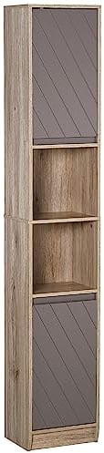 HOMCOM Armario Alto para Baño Columna de Baño con 2 Puertas y 2 Estantes Abiertos Mueble Auxiliar de Almacenaje para Salón Recibidor 30x24x170 cm Roble y Gris