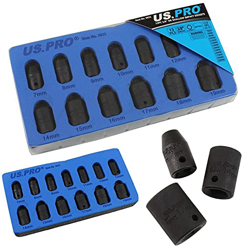 US Pro 13pc 3/8''Dr Shallow Impact Sockets 7-19mm in EVA Foam Tray