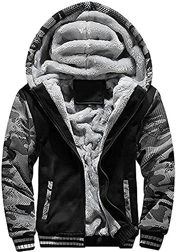 Herren Kapuzenjacke mit Fleecefutter Hoodies mit Reißverschluss Verdickte Langarm Kapuzenpullover Patchwork Sweatjacke Winter Warm Hooded Sweatshirt mit Tasche und Kordelzug(Tarnung Schwarz,5XL)