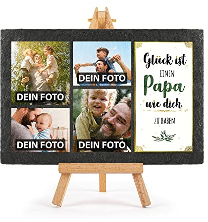 PR Print Royal Schieferplatte selbst gestalten - mit 4 Fotos bedrucken - Glück ist einen Papa wie dich zu haben - Geschenk Vatertag, Geburtstag, Weihnachten, Schiefertafel mit Staffelei, 20 x 30 cm