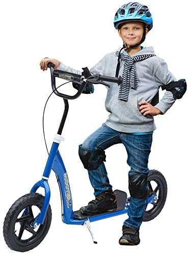 HOMCOM Trottinette Enfant patinette pneus 30 cm Hauteur Guidon réglable poignée Frein et béquille Acier pour Enfants à partir de 5 Ans Bleu