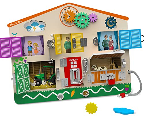 LOCKBOARD - Max & Lea - BusyBoard aus Holz - Lock Board - Komplettes Lernspielzeug - Activity Board - Verschlüsse entdecken und Motorik verbessern - Kinder von 2-6 Jahren
