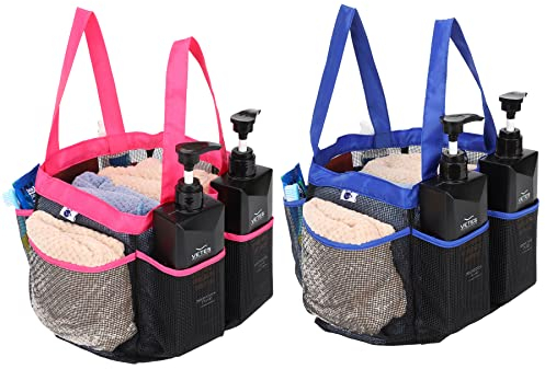 Nvatorfox 2 Stück Haundry Mesh Dusche Caddy Tote Hängende Tragbare Kulturbeutel Essentials Schnell Trocknen Bad Organizer für Studentenwohnheime Fitnessstudio Camp für Badezimmerzubehör (Rosa + Blau)