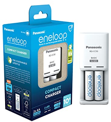 eneloop Compact Chargeur, pour 1-2 Piles Rechargeables AA/AAA, 10h de Temps de Charge, 9 Fonctions de sécurité, 2 eneloop Piles AA (2000 mAh) incluses