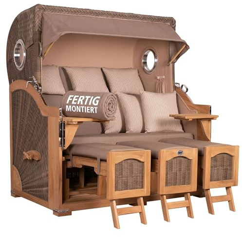MR. DEKO® Strandkorb Düne Grande XXL 3-Sitzer Teak | PE Geflecht Grey | Volllieger Strandkörbe Teakholz fertig montiert | 2 Bullaugen & 3 Fußablagen | Liftersystem & Polster & 6 Kissen | Dessin 534