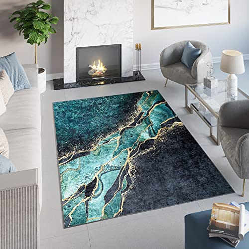TAPISO Toscana Teppich Bedruckter Teppich Dunkelgrün Flaschengrün Schwarz Gold Marmor Waschbar rutschfest Wohnzimmer Schlafzimmer Büro Modern 80 x 150 cm