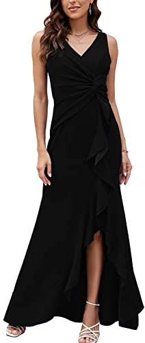 FQA Long Black Evening Gowns for Women Formal Dresses for Women Evening Party Elegant V Neck Sleeveless Split Wrap