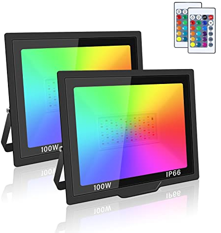 Willpower 2pcs RGB LED Strahler mit Fernbedienung 100W 10000LM, LED Fluter mit Memory-Funktion, Dimmbar Farbwechsel, 16 Farben 4 Modi, IP66 Wasserdicht LED Flutlicht für Aussen Innen Garten Party Deko