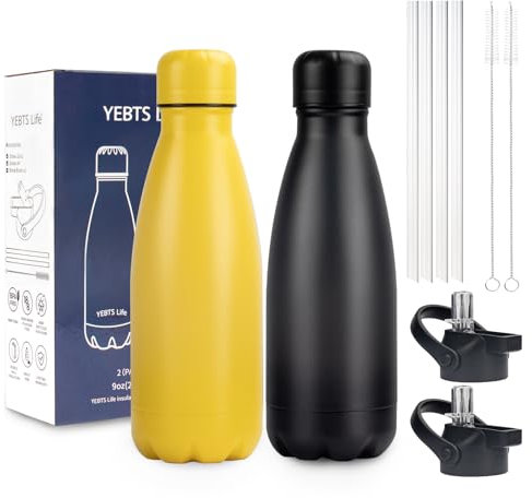 Insulated Water Bottle,2 Pack-9oz Stainless Steel Water Bottles with straw lid,Metal Sports Thermos Water Bottles for Boys,Girls,Double Wall Vacuum BPA-Free Flask for School, Sports(Black-Yellow)