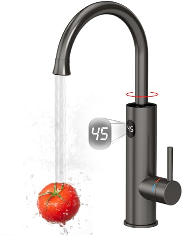 Wasserhahn mit Durchlauferhitzer Küche, 3200W Elektrische Heizung Wasserhahn, LED Temperaturanzeige 360º Misch Drehung Küchenarmatur, 304 Edelstahl Armatur, Grau
