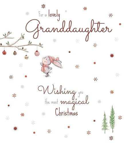 ICG Schöne Weihnachtskarte für Enkelin, Hase, Hase und festliche Kugeln mit Folien-Finish
